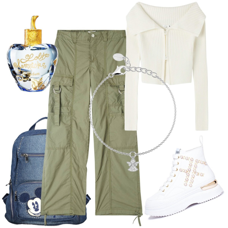Outfit donna - Cargo pants verde militare. Stile Basic per Tutti i giorni. Abbinamento con profumi, maglieria, pantaloni cargo, braccialetti con ciondoli, sneakers, zaini.