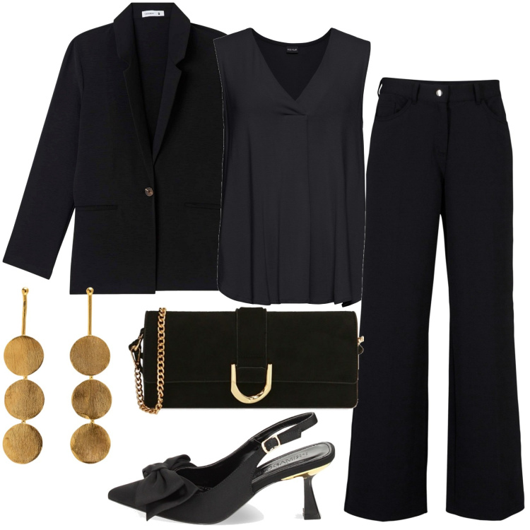 Outfit donna - Di nero a lavoro. Stile Casual chic per Ufficio. Abbinamento con top, pantaloni, blazer, pochette, décolleté, orecchini.