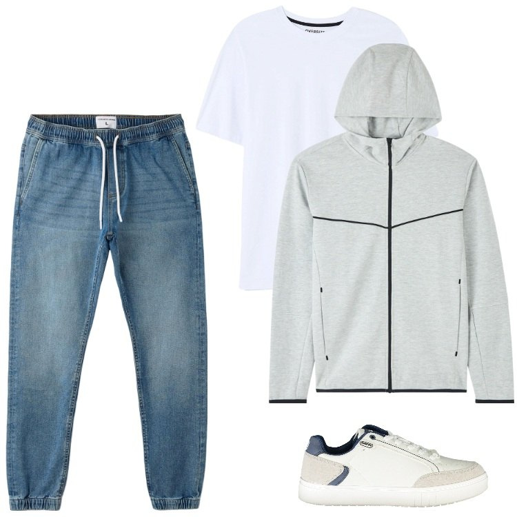 Outfit uomo - Total look #1854391. Stile Trendy per Tutti i giorni. Abbinamento con felpe con cappuccio, jeans, t-shirt, scarpe sportive.
