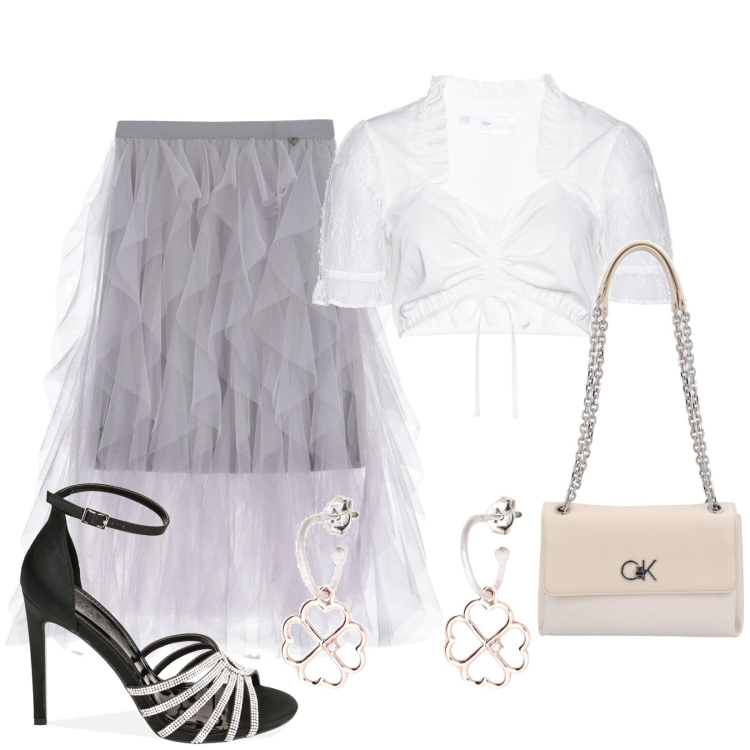 Outfit donna - Leggera come una piuma. Stile Romantica per Tutti i giorni. Abbinamento con orecchini, camicie, gonne longuette, sandali gioiello, borse a spalla.