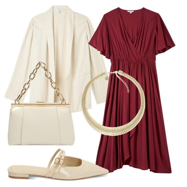 Outfit donna - Curvy chic. Stile Chic per Serata fuori. Abbinamento con blazer, vestiti lunghi, sabot, borse a spalla, collane.