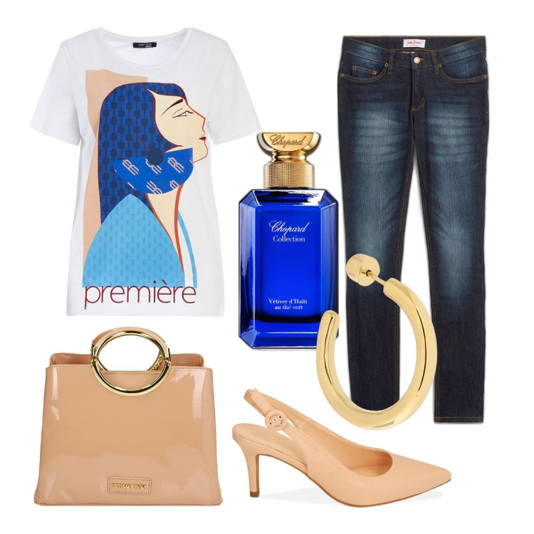 Outfit donna - In ufficio in jeans. Stile Casual chic per Ufficio. Abbinamento con jeans skinny, profumi, t-shirt, décolleté, borse a mano, orecchini.