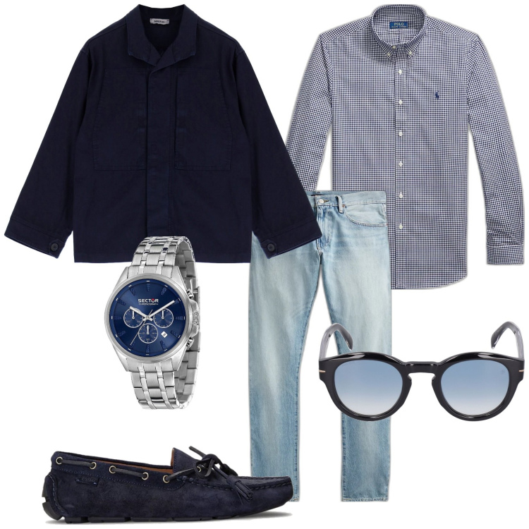 Outfit uomo - Total look #1854412. Stile Trendy per Tutti i giorni. Abbinamento con orologi, giacche, scarpe stringate, jeans, camicie, occhiali da sole.