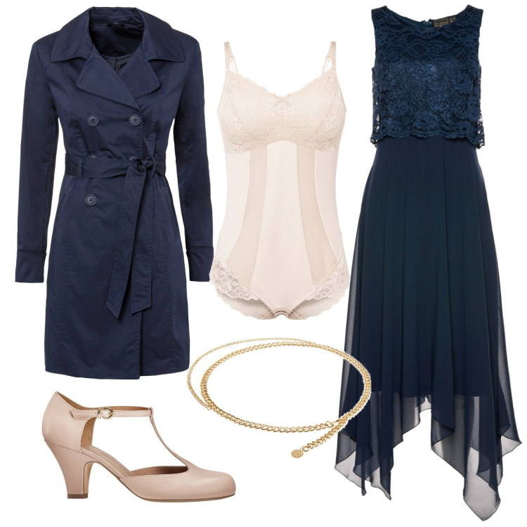 Outfit donna - Cerimonia in blu. Stile Chic per Cerimonia. Abbinamento con vestiti midi/longuette, trench, body, décolleté, cinture.
