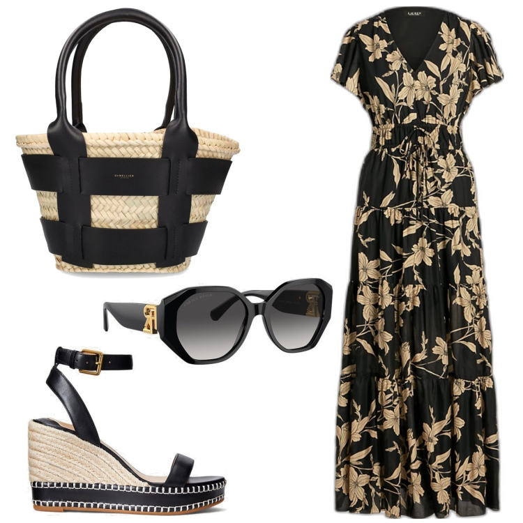 Outfit donna - Nero e crema. Stile Casual per Mare. Abbinamento con occhiali da sole, espadrillas, vestiti lunghi, shopping bag.