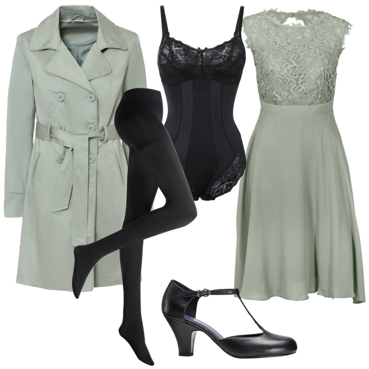Outfit donna - Cerimonia in verde salvia. Stile Chic per Cerimonia. Abbinamento con vestiti corti, trench, collant, body, décolleté.