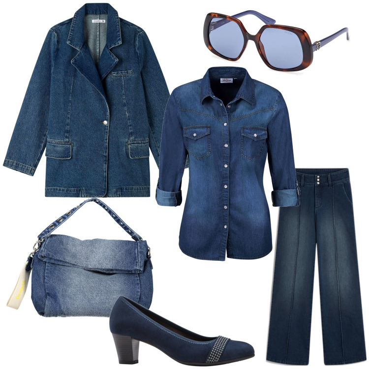 Outfit donna - Denim, che passione. Stile Casual chic per Tutti i giorni. Abbinamento con camicie, décolleté, jeans, blazer, borse a spalla, occhiali da sole.