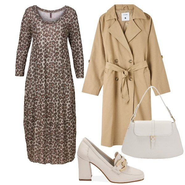 Outfit donna - Primavera incerta. Stile Bon Ton per Ufficio. Abbinamento con vestiti midi/longuette, trench, mocassini, borse a spalla.