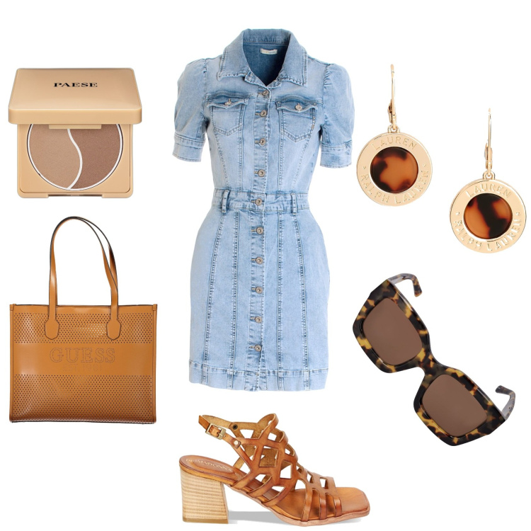 Outfit donna - Vestito in jeans. Stile Casual per Tutti i giorni. Abbinamento con terre, vestiti chemisier, sandali col tacco, orecchini, occhiali da sole, borse a spalla.