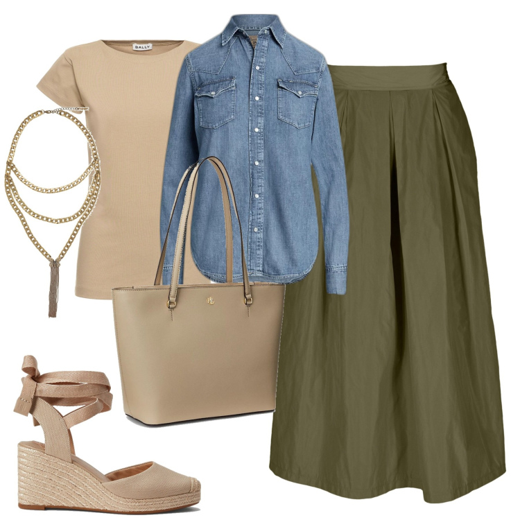 Outfit donna - City. Stile Casual chic per Tutti i giorni. Abbinamento con collane, borse tote, espadrillas, camicie, gonne, t-shirt.