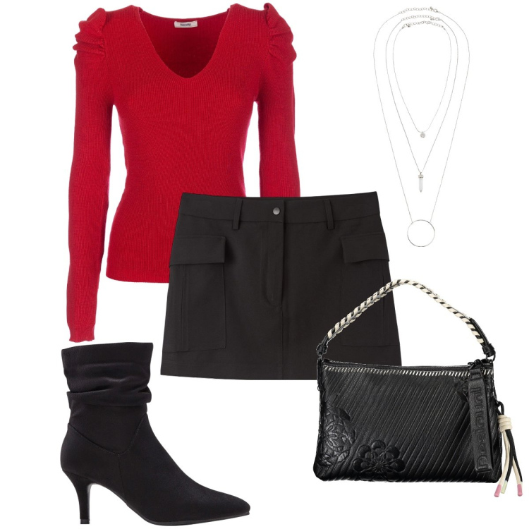 Outfit donna - La minigonna cargo. Stile Sexy per Serata fuori. Abbinamento con ciondoli, stivaletti, gonne, maglieria, borse a spalla.