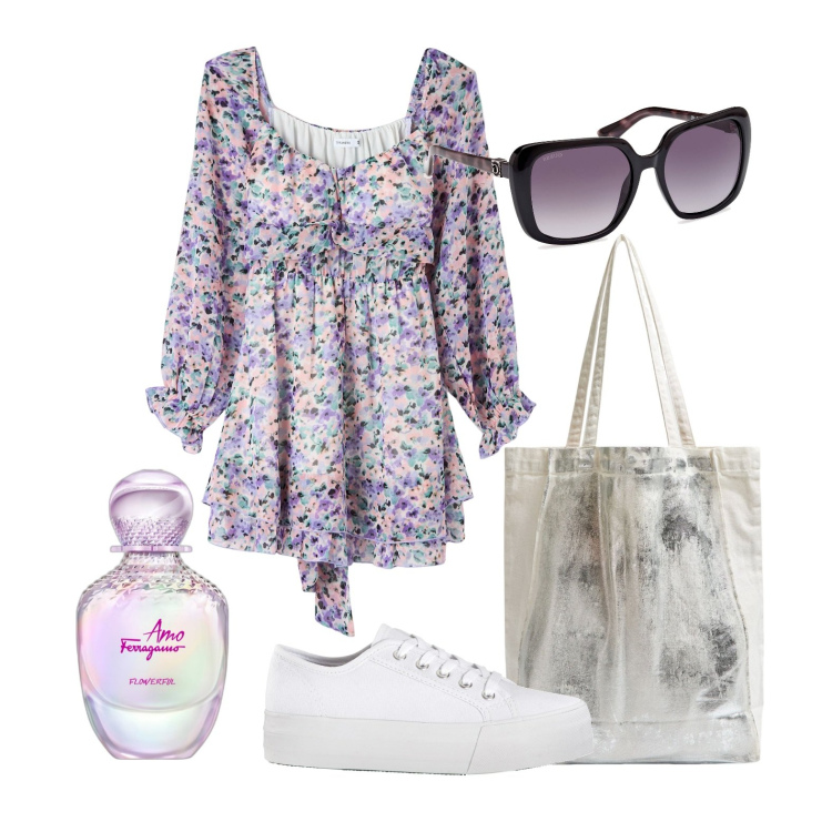 Outfit donna - Piccoli fiori delicati. Stile Romantica per Tutti i giorni. Abbinamento con sneakers, profumi, vestiti corti, shopping bag, occhiali da sole.