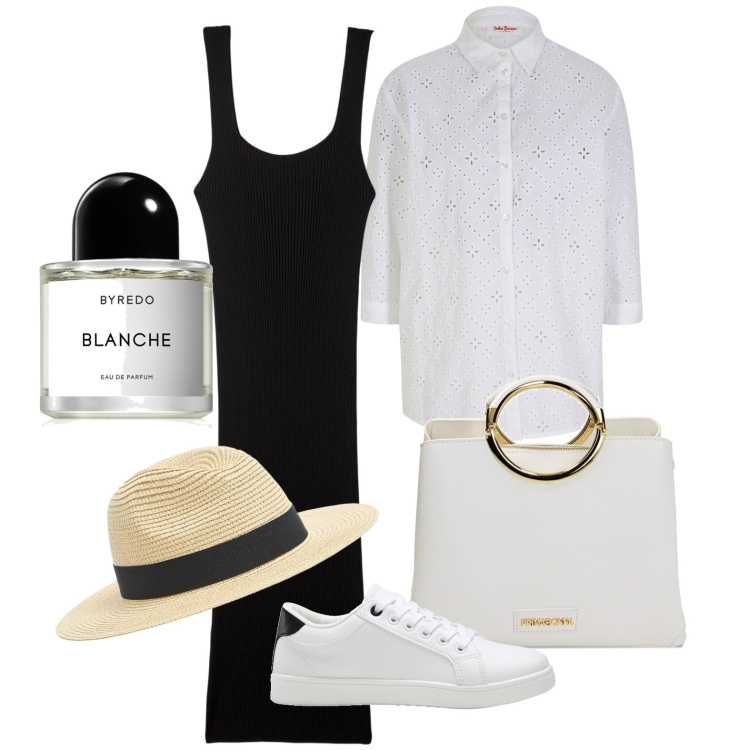 Outfit donna - La camicia sangallo aperta. Stile Trendy per Tutti i giorni. Abbinamento con camicie, sneakers, profumi, vestiti lunghi, cappelli, borse a mano.