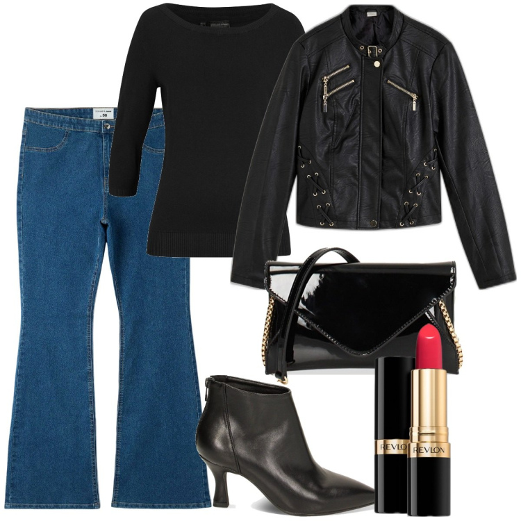 Outfit donna - Rock sopra la 50. Stile Rock per Serata fuori. Abbinamento con maglieria, blazer, rossetti, jeggings, stivaletti, pochette.