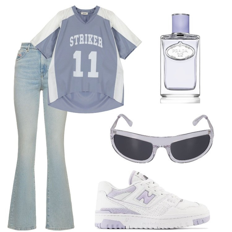 Outfit donna - fashion icon. Stile Urban per Tutti i giorni. Abbinamento con profumi, t-shirt, sneakers, jeans dritti, occhiali da sole.