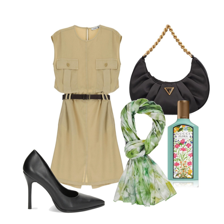 Outfit donna - Stile safari ma chic. Stile Casual chic per Tutti i giorni. Abbinamento con profumi, vestiti midi/longuette, décolleté, sciarpe, borse a spalla.
