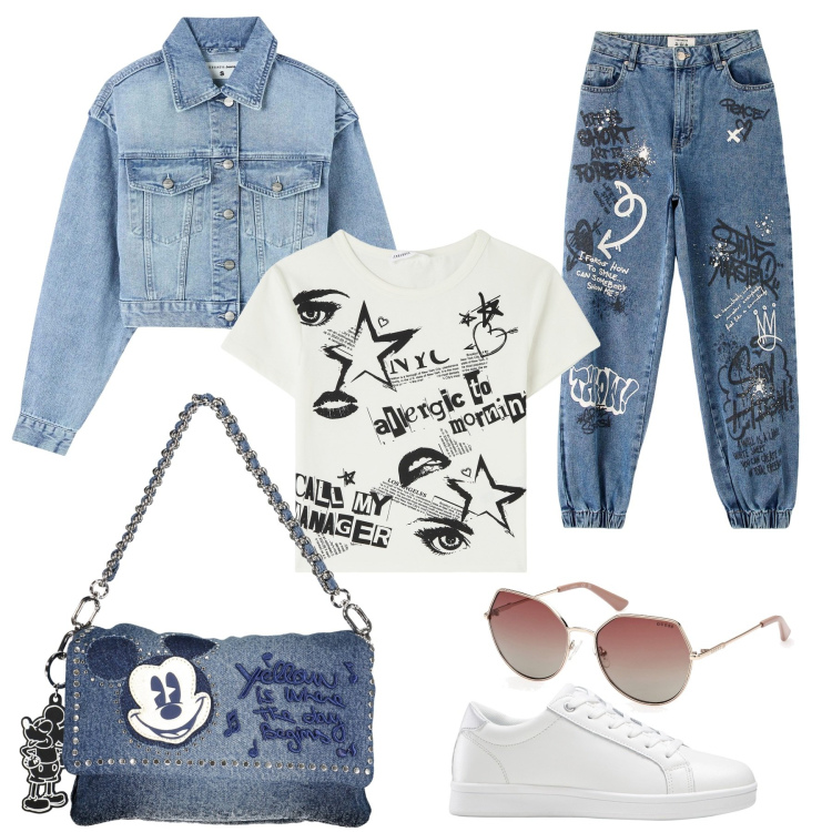 Outfit donna - Giovane e sbarazzino. Stile Casual per Scuola/Università. Abbinamento con sneakers, jeans, t-shirt, blazer, occhiali da sole, borse a spalla.