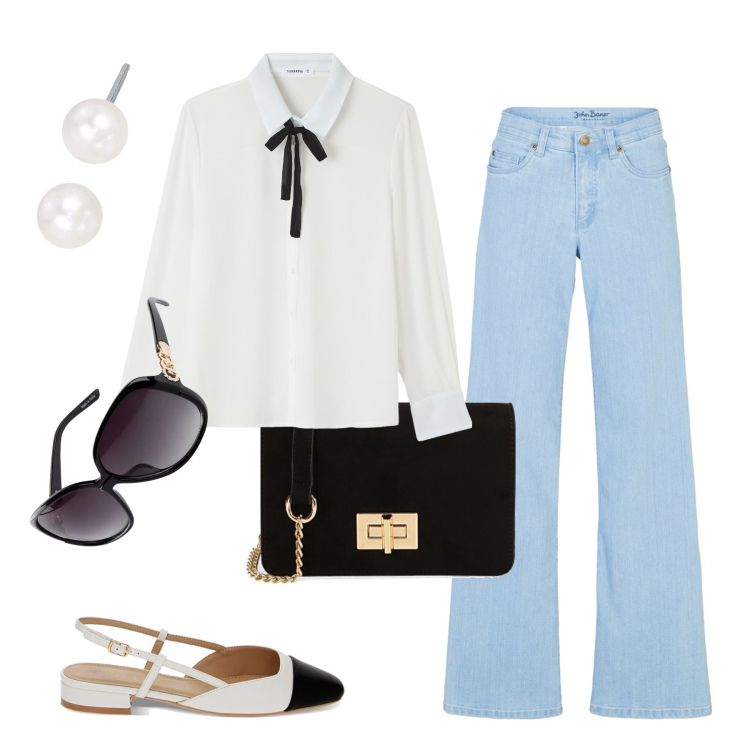 Outfit donna - Chic per le vie del centro. Stile Casual chic per Tutti i giorni. Abbinamento con jeans, occhiali da sole, camicie, orecchini, ballerine, borse a tracolla.