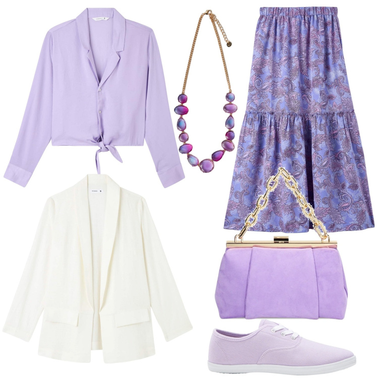 Outfit donna - Lilla. Stile Boho per Serata fuori. Abbinamento con sneakers, camicie, gonne lunghe, blazer, borse a spalla, collane.