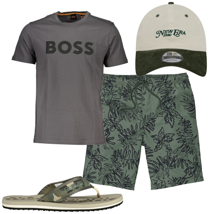 Outfit uomo - Estate. Stile Casual per Tutti i giorni. Abbinamento con pantaloni corti, t-shirt, sandali, cappelli con visiera.