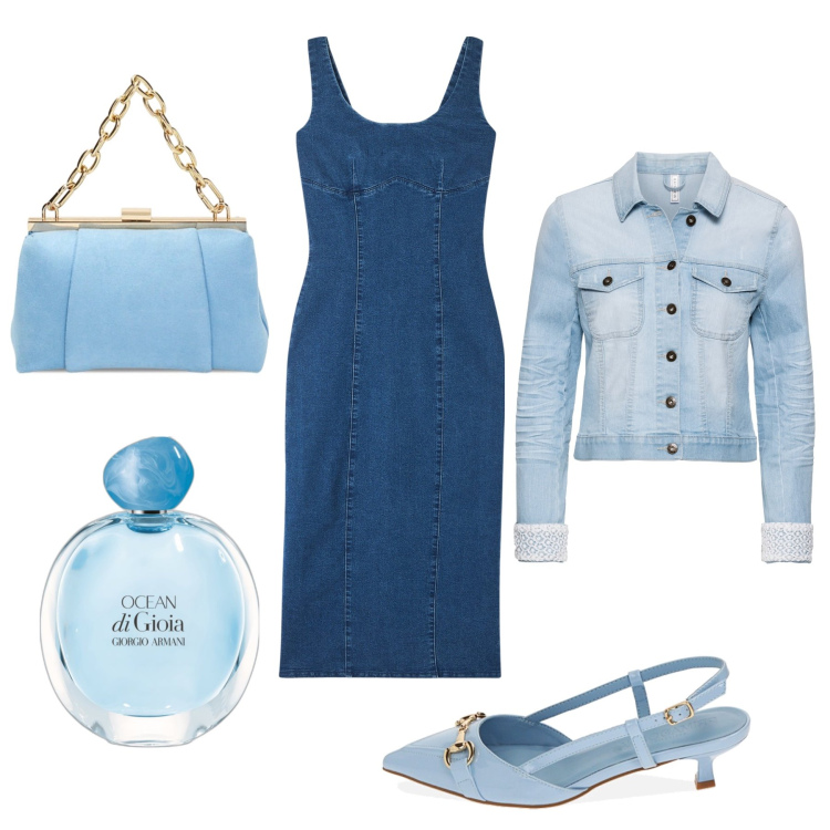 Outfit donna - Serata diversa: tubino di jeans. Stile Casual chic per Serata fuori. Abbinamento con blazer, profumi, vestiti lunghi, décolleté, borse a spalla.