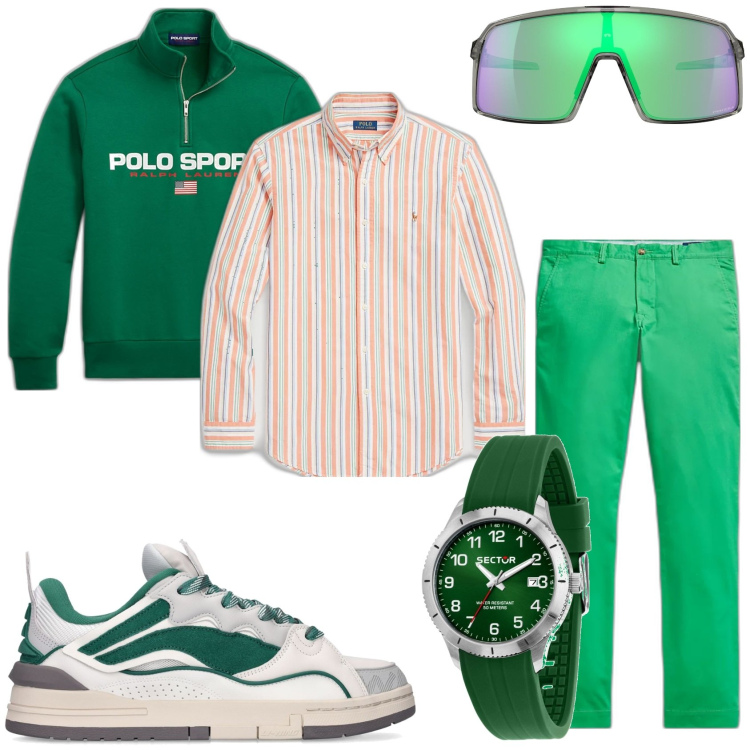 Outfit uomo - Verde per la giornata. Stile Trendy per Tutti i giorni. Abbinamento con orologi, felpe, pantaloni, camicie, occhiali da sole, sneakers.