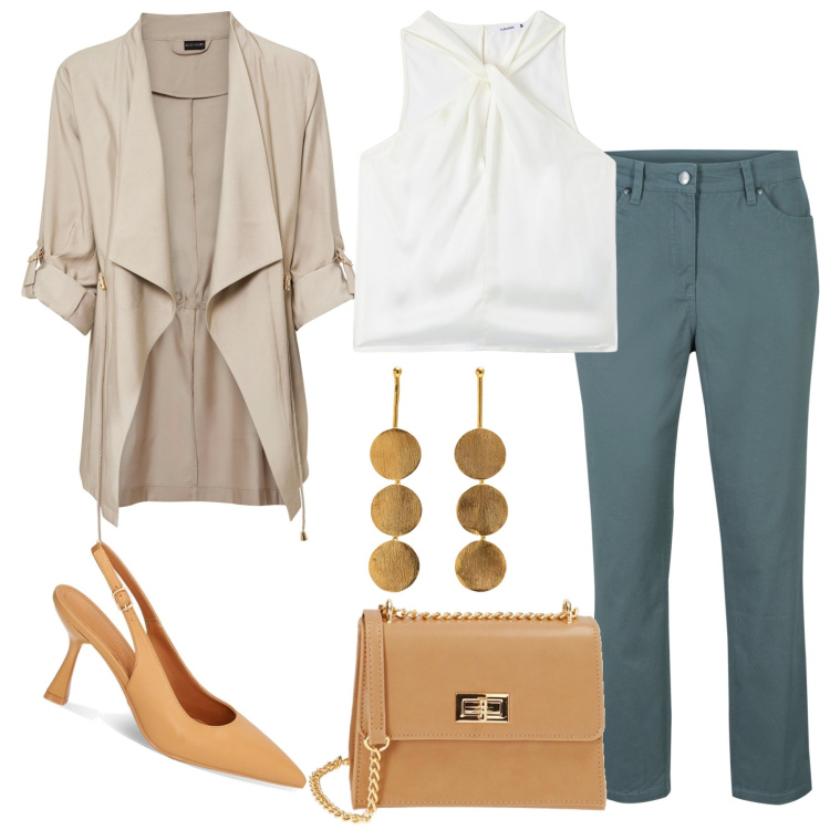 Outfit donna - La tracolla camel. Stile Casual chic per Serata fuori. Abbinamento con pantaloni, blazer, top, borse a tracolla, décolleté, orecchini.