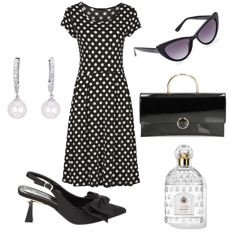 Outfit donna - Passeggiata anni ‘50. Stile Bon Ton per Tutti i giorni. Abbinamento con vestiti, profumi, orecchini, décolleté, pochette, occhiali da sole.