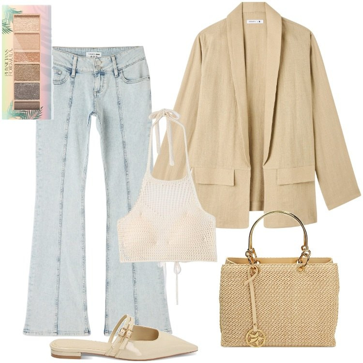 Outfit donna - Total look #1854714. Stile Casual chic per Tutti i giorni. Abbinamento con ombretti, jeans a zampa, blazer, top, sabot, borse a mano.