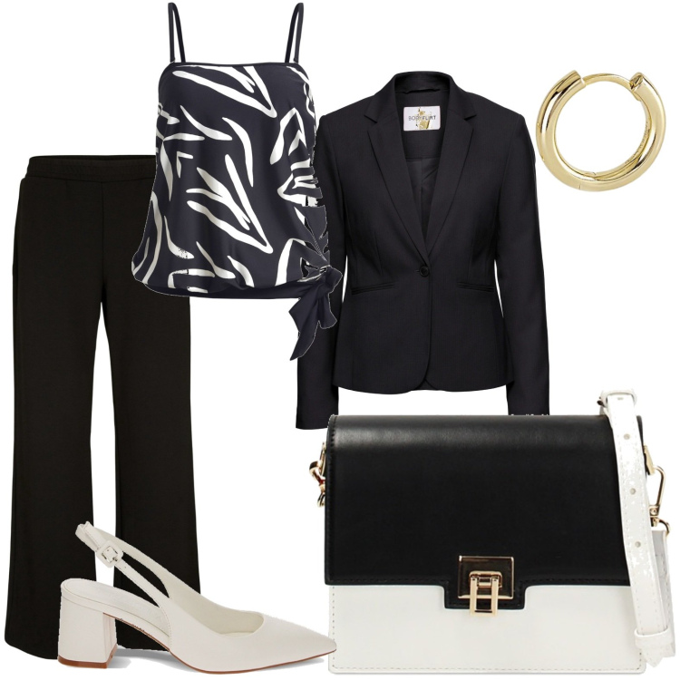 Outfit donna - Metti una sera a cena. Stile Chic per Serata fuori. Abbinamento con blazer, top, pantaloni a palazzo, orecchini, décolleté, borse a tracolla.