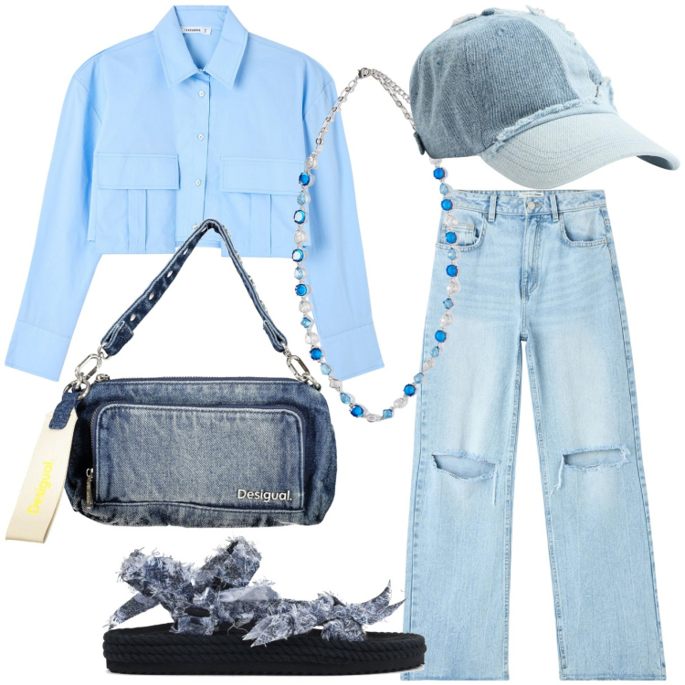 Outfit donna - Denim. Stile Casual per Tutti i giorni. Abbinamento con jeans strappati, camicie, cappelli, collane, sandali, borse a spalla.