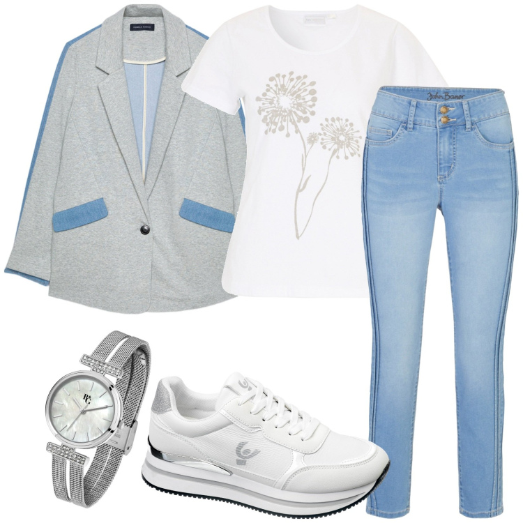 Outfit donna - Total look #1854765. Stile Basic per Tutti i giorni. Abbinamento con t-shirt, jeans skinny, orologi, sneakers, blazer.