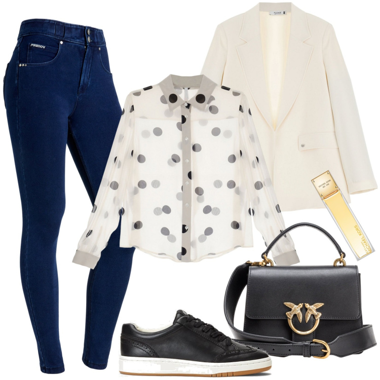 Outfit donna - jeans push-up. Stile Casual per Tutti i giorni. Abbinamento con profumi, borse a tracolla, blazer, camicie, pantaloni skinny, scarpe sportive.