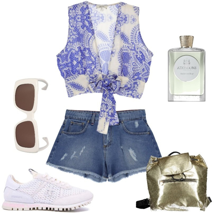 Outfit donna - dixie. Stile Casual per Tutti i giorni. Abbinamento con profumi, top, shorts, sneakers, zaini, occhiali da sole.