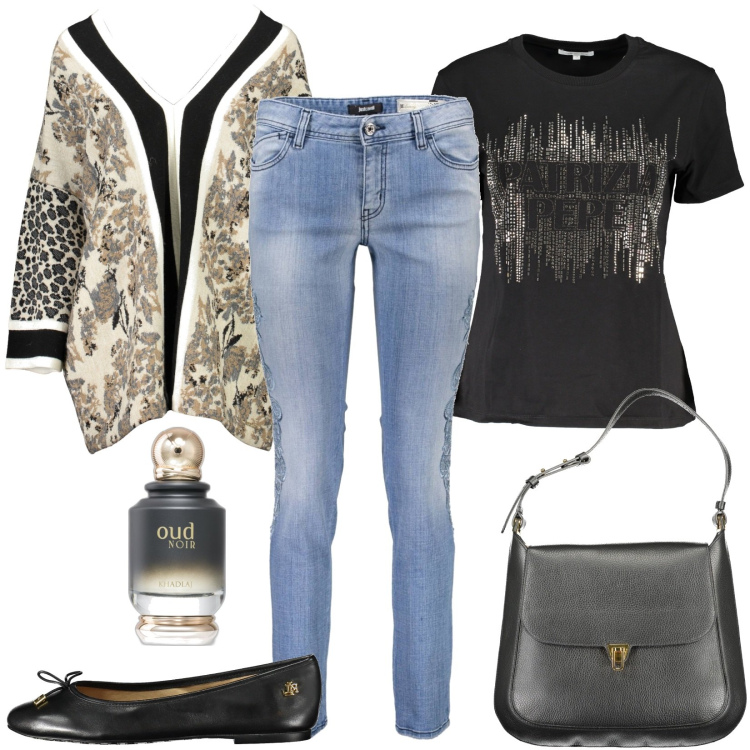 Outfit donna - Abbigliamentofirmato. Stile Casual per Tutti i giorni. Abbinamento con profumi, maglieria, ballerine, t-shirt, jeans, borse a spalla.