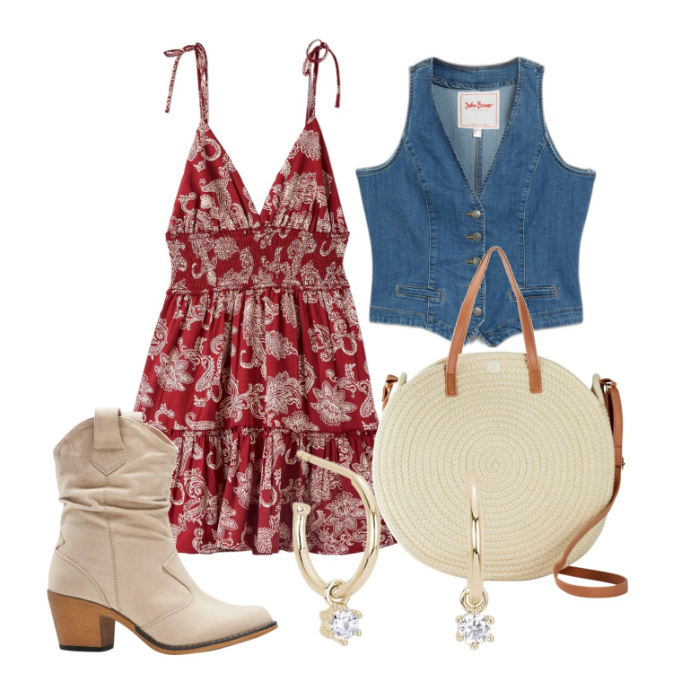 Outfit donna - Ghost outfitter - aprile. Stile Boho per Tutti i giorni. Abbinamento con stivaletti texani, gilet, shopping bag, vestiti corti, orecchini.