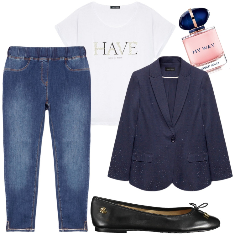 Outfit donna - Fiorella rubino. Stile Casual per Ufficio. Abbinamento con profumi, ballerine, blazer, jeggings, t-shirt.
