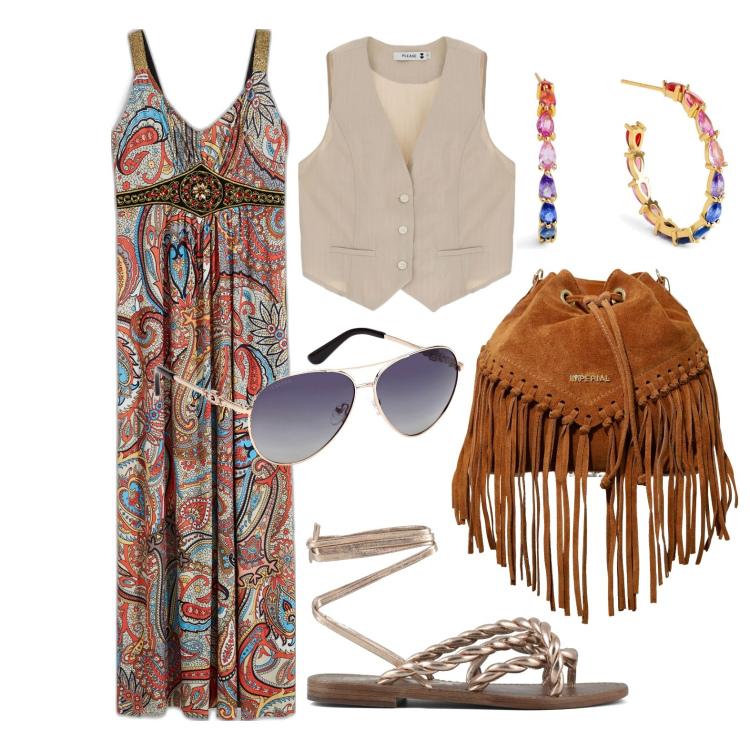 Outfit donna - Ghost outfitter - aprile. Stile Boho per Tutti i giorni. Abbinamento con vestiti lunghi, orecchini, gilet, borse a secchiello, sandali, occhiali da sole.