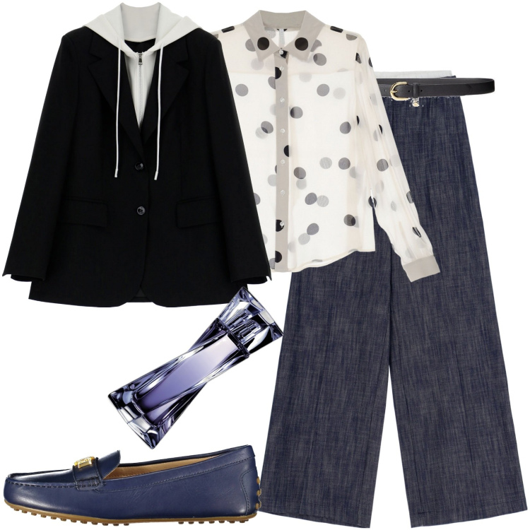 Outfit donna - Imperial. Stile Casual per Ufficio. Abbinamento con profumi, pantaloni, blazer, camicie, cinture, ballerine.