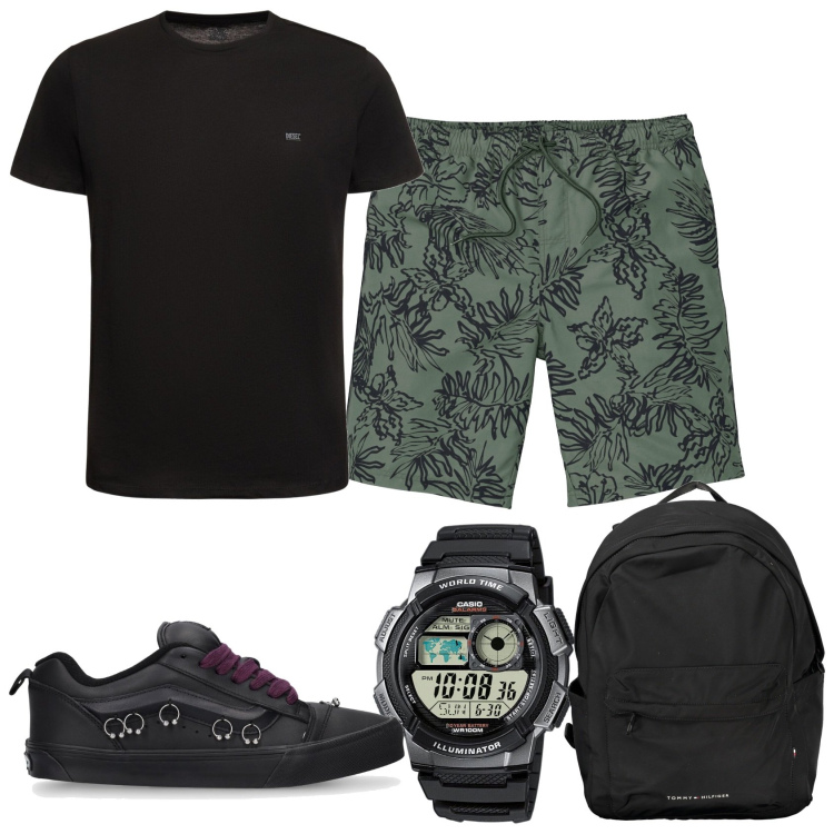 Outfit uomo - Il bermuda per un giorno di vacanza. Stile Casual per Tutti i giorni. Abbinamento con pantaloni corti, orologi, t-shirt, sneakers, borse sportive.