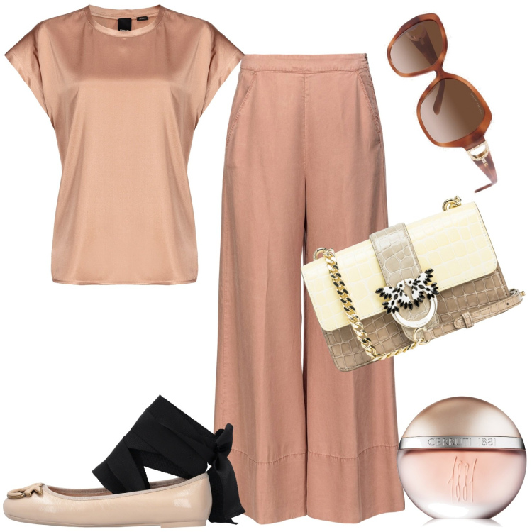 Outfit donna - Pinko. Stile Chic per Tutti i giorni. Abbinamento con profumi, ballerine, bluse, borse a tracolla, pantaloni, occhiali da sole.