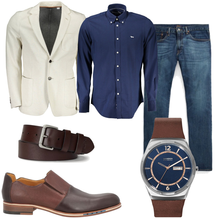 Outfit uomo - Elegante in jeans e giacca. Stile Trendy per Tutti i giorni. Abbinamento con orologi, scarpe stringate, jeans dritti, cinture, giacche, camicie.