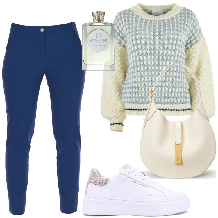 Outfit donna - Vicario cinque. Stile Casual per Scuola/Università. Abbinamento con profumi, borse a spalla, sneakers, maglieria, pantaloni.