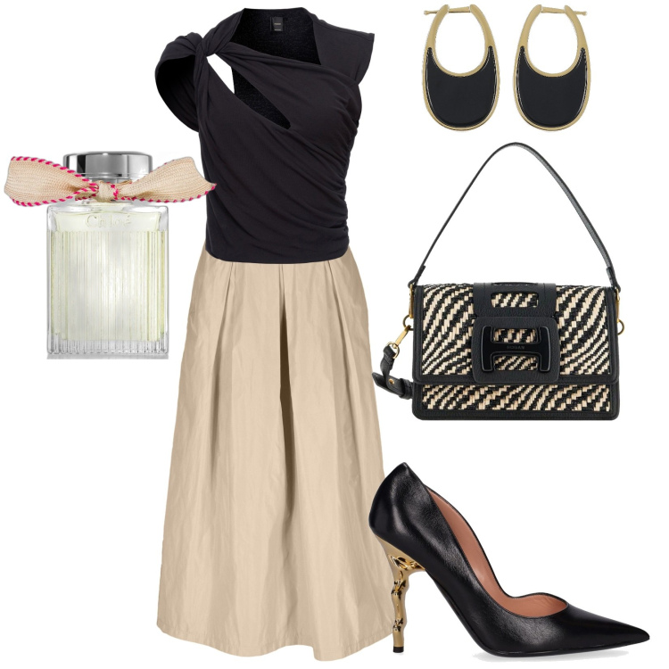 Outfit donna - Décolleté moschino. Stile Chic per Tutti i giorni. Abbinamento con profumi, top, gonne, décolleté, pochette, orecchini.