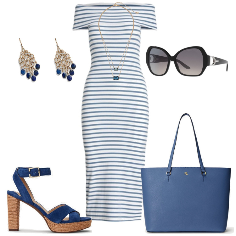 Outfit donna - Estate con Lauren. Stile Casual chic per Tutti i giorni. Abbinamento con occhiali da sole, vestiti, sandali col tacco, collane, orecchini, shopping bag.