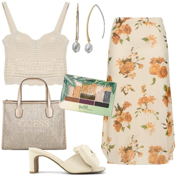 Outfit donna - Sandali colore natural. Stile Trendy per Tutti i giorni. Abbinamento con orecchini, ombretti, top, shopping bag, sandali col tacco, gonne longuette.