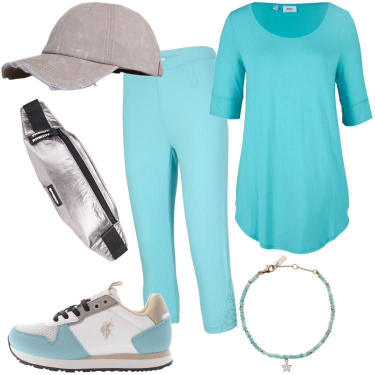 Outfit donna - Sportiva e comoda. Stile Basic per Sport. Abbinamento con maglieria, leggings, braccialetti, borse sportive, berretti, scarpe sportive.