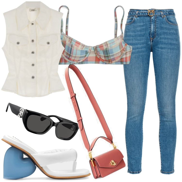 Outfit donna - Sandali Love in pelle. Stile Trendy per Tutti i giorni. Abbinamento con jeans, occhiali da sole, borse a tracolla, top, gilet, sandali in pelle.