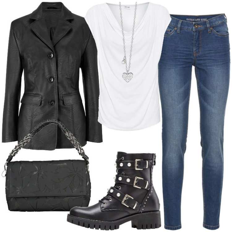Outfit donna - Total look #1854826. Stile Casual per Tutti i giorni. Abbinamento con maglieria, jeans skinny, blazer, stivaletti, collane, borse a spalla.