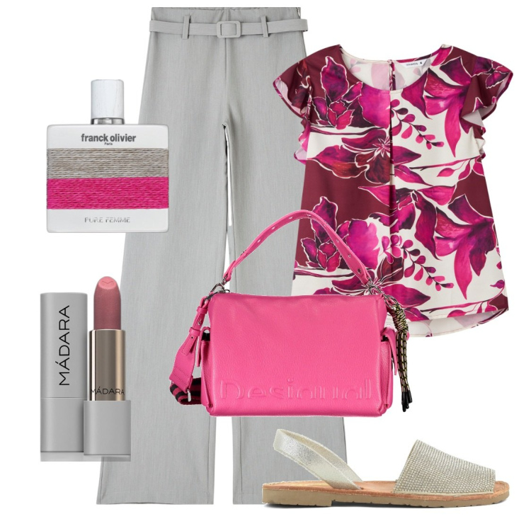 Outfit donna - Combo grigio fuxia. Stile Casual chic per Tutti i giorni. Abbinamento con rossetti, profumi, bluse, pantaloni, sandali in pelle, borse a spalla.